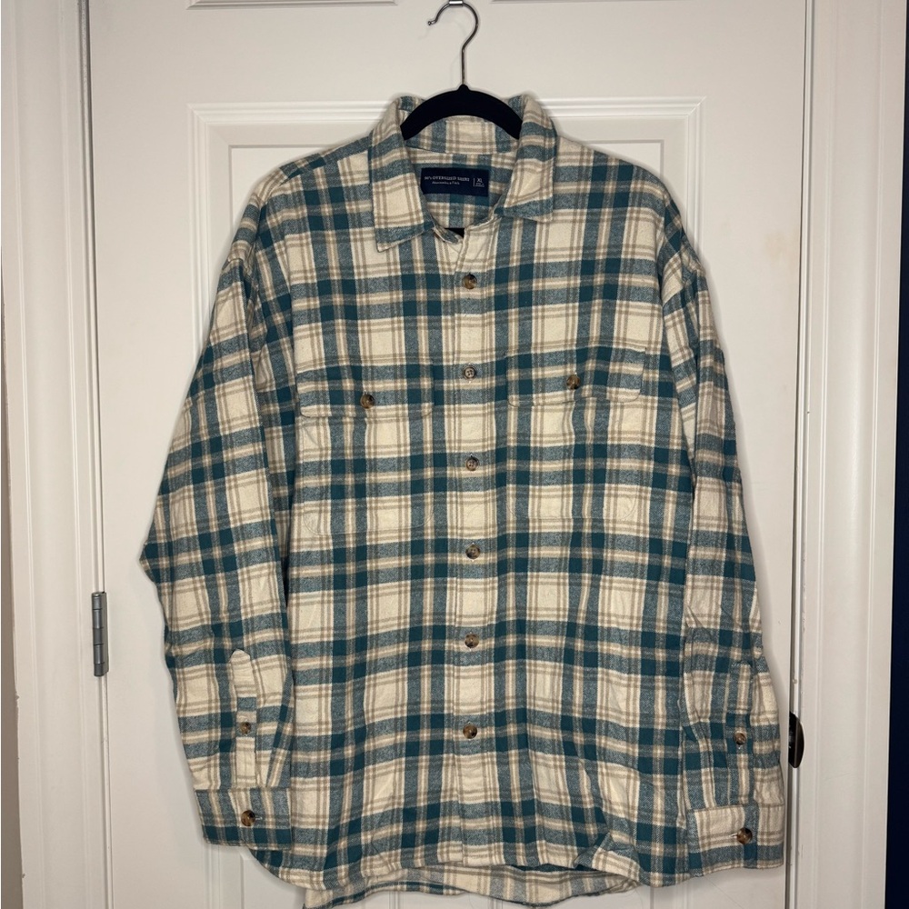 Abercrombie & Fitch Cream and Blue Plaid Shirt Jacket